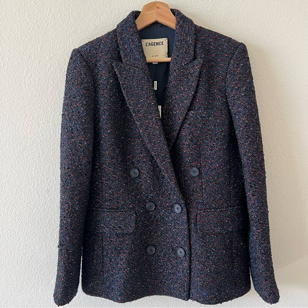 L'AGENCE Ashlyn Navy Multi-Color Textured Tweed Double Breasted Blazer 2 NWT - Picture 5 of 16